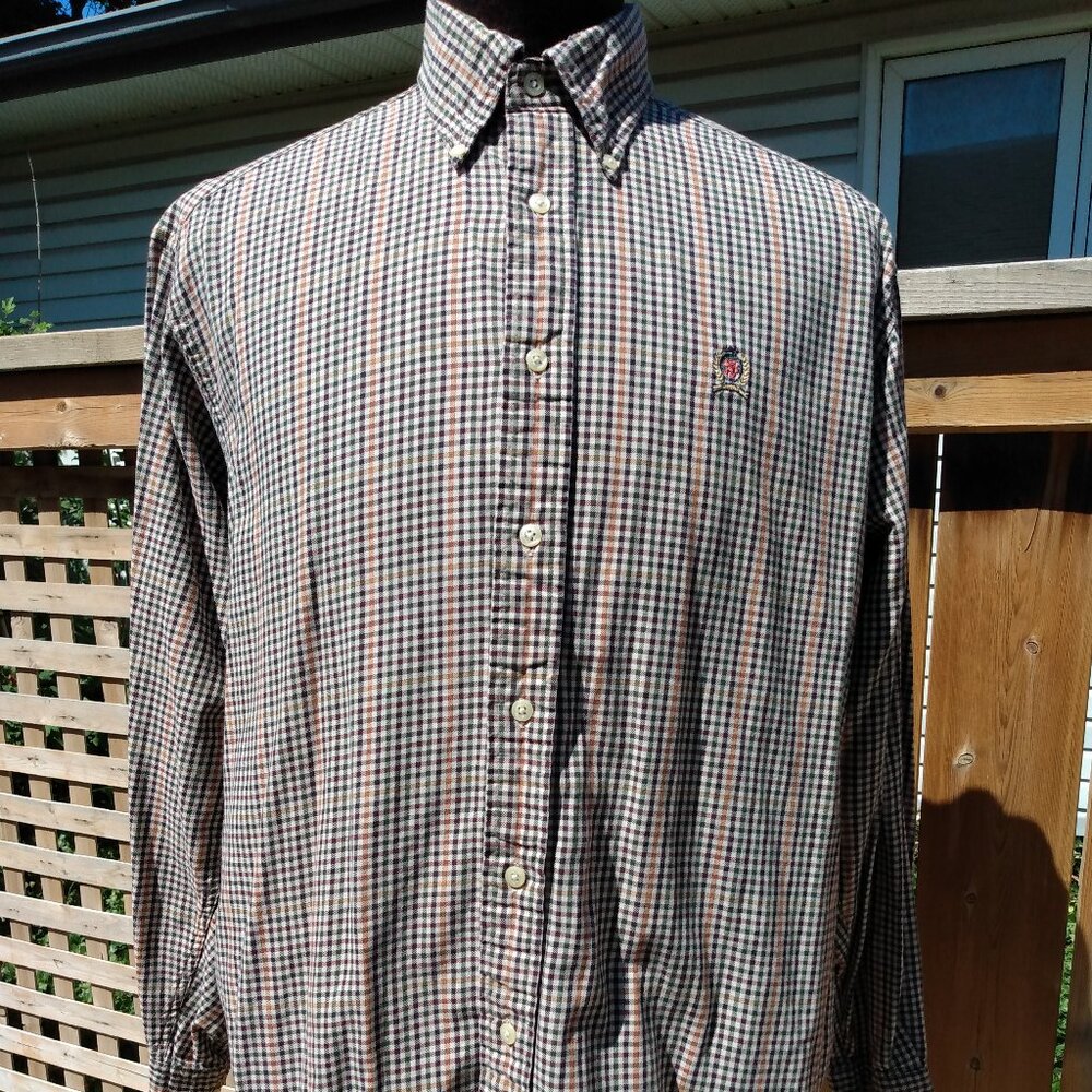 Vintage Tommy Hilfiger Shirt Brown Checked Retro 80s 90s Made in Taiwan Medium